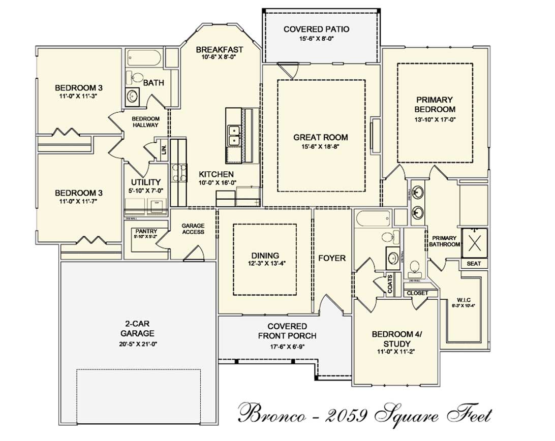 Bronco floor plan, 2059 sq ft home with 4 bedrooms, 2-car garage, great room, and covered patio