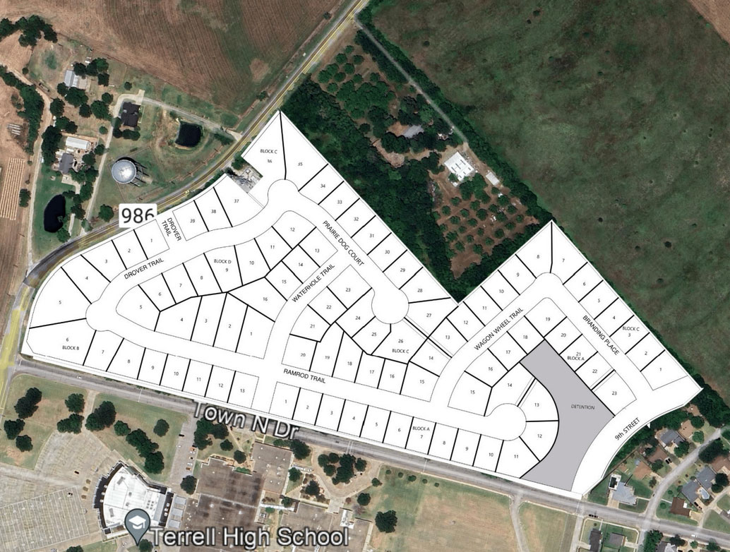Aerial site plan of a residential subdivision near Terrell High School with platted lots and streets
